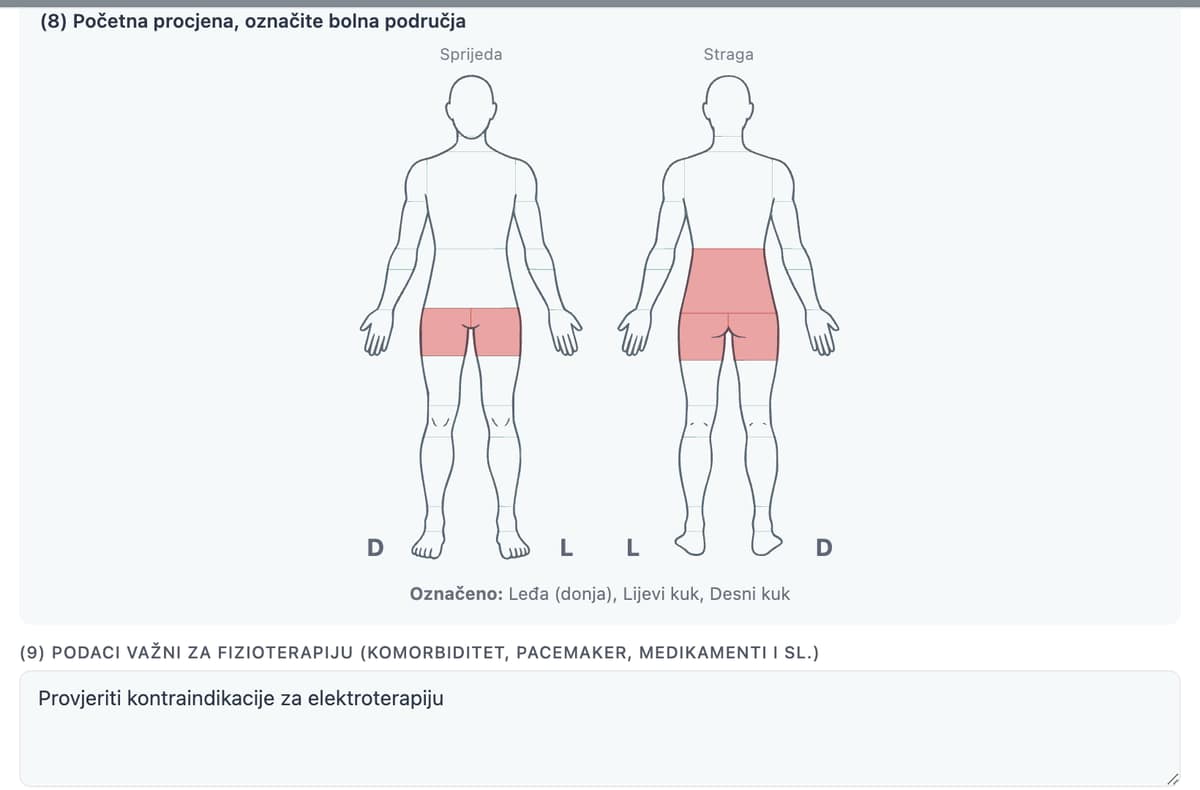Fiziokarton u programu KLINIKAhub: karta boli sprijeda i straga s označenim donjim leđima i kukovima
