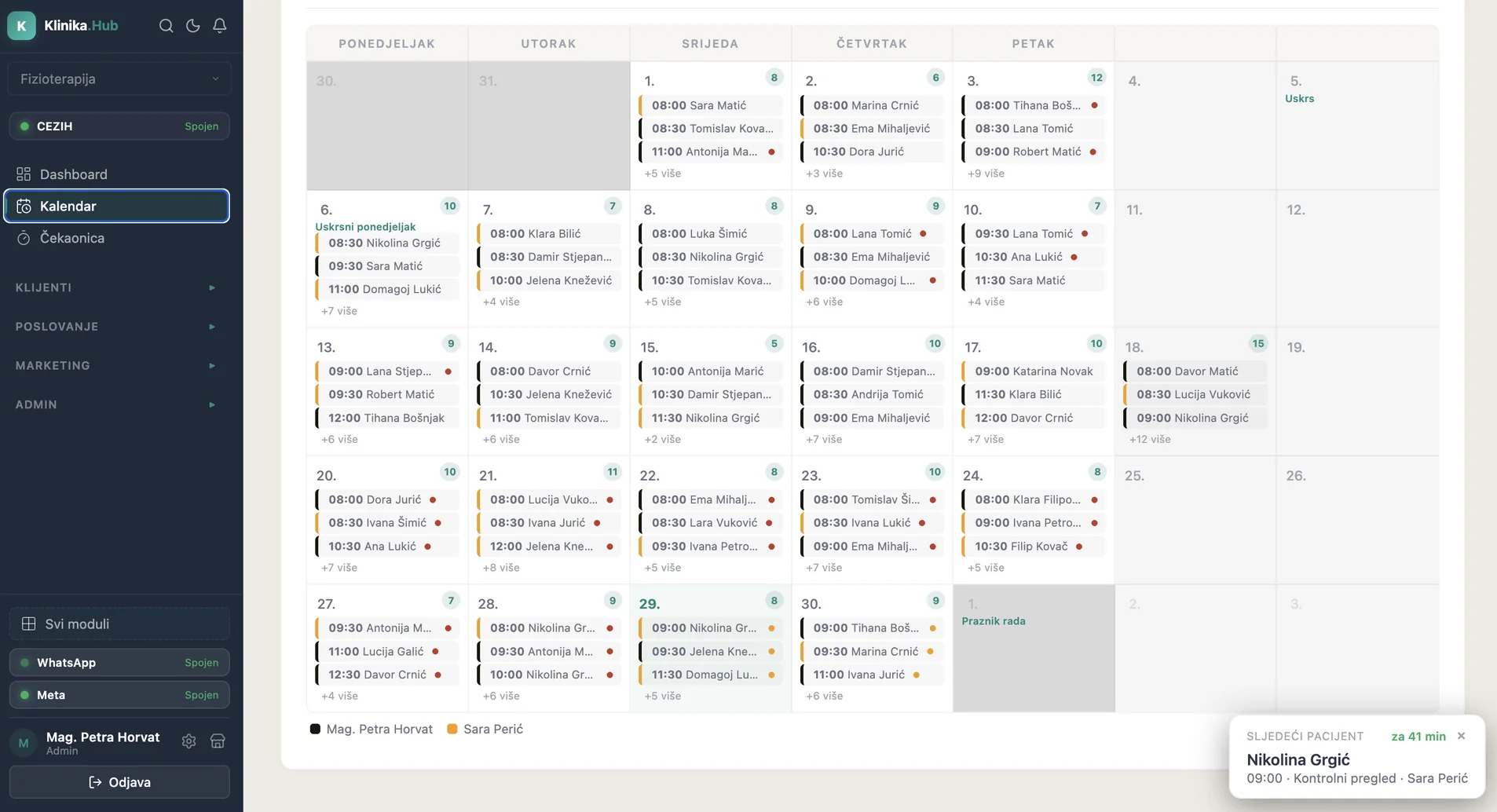 Kalendar termina u KLINIKAhub aplikaciji — mjesečni prikaz s popunjenim terminima po danima i terapeutima