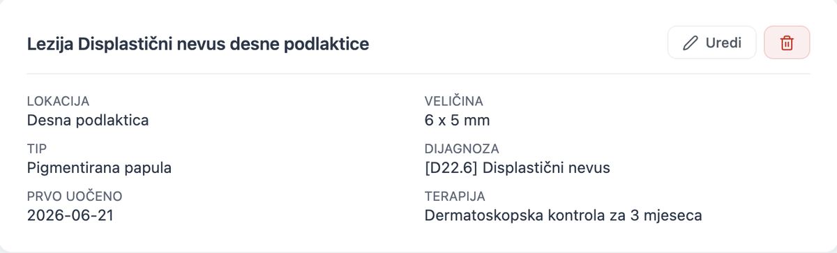 Detalj lezije s lokacijom na desnoj podlaktici, veličinom, tipom, datumom prvog uočavanja, MKB dijagnozom i terapijom