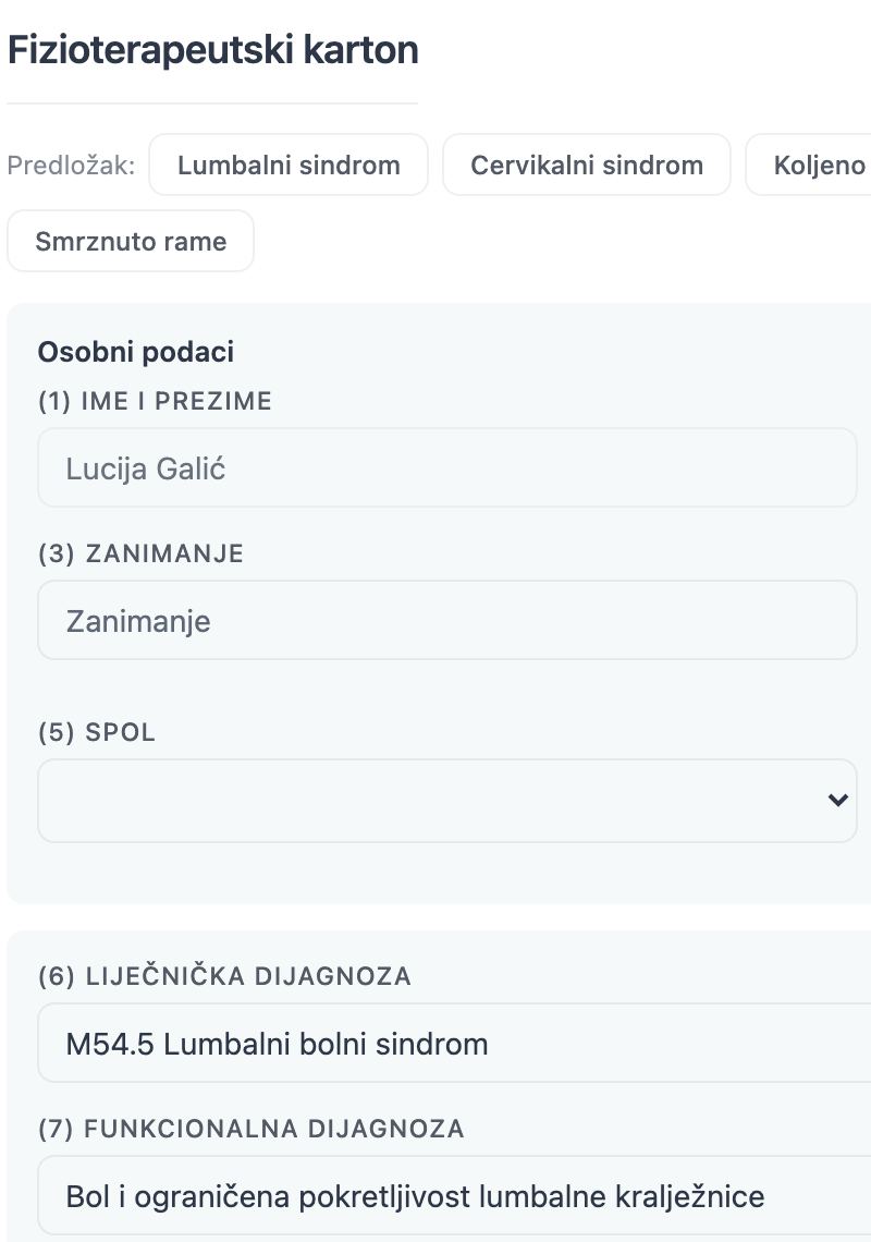 Fizioterapeutski karton s predlošcima za lumbalni i cervikalni sindrom, koljeno i rame, liječničkom i funkcionalnom dijagnozom