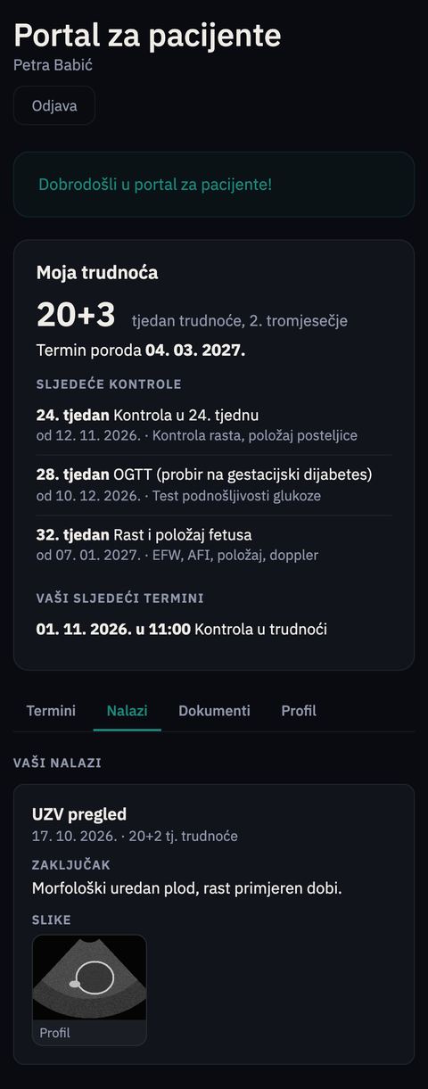 Portal za trudnicu na mobitelu s tjednom trudnoće, terminom poroda, sljedećim kontrolama i UZV nalazom