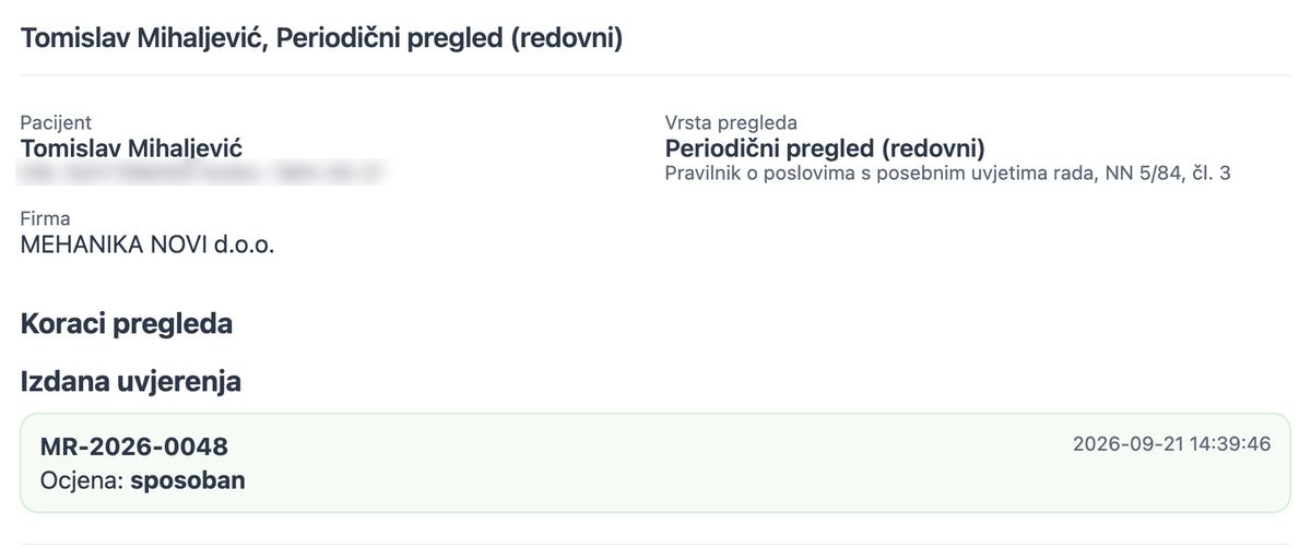 Periodični pregled radnika s firmom, propisom za vrstu pregleda i izdanim uvjerenjem s ocjenom sposoban