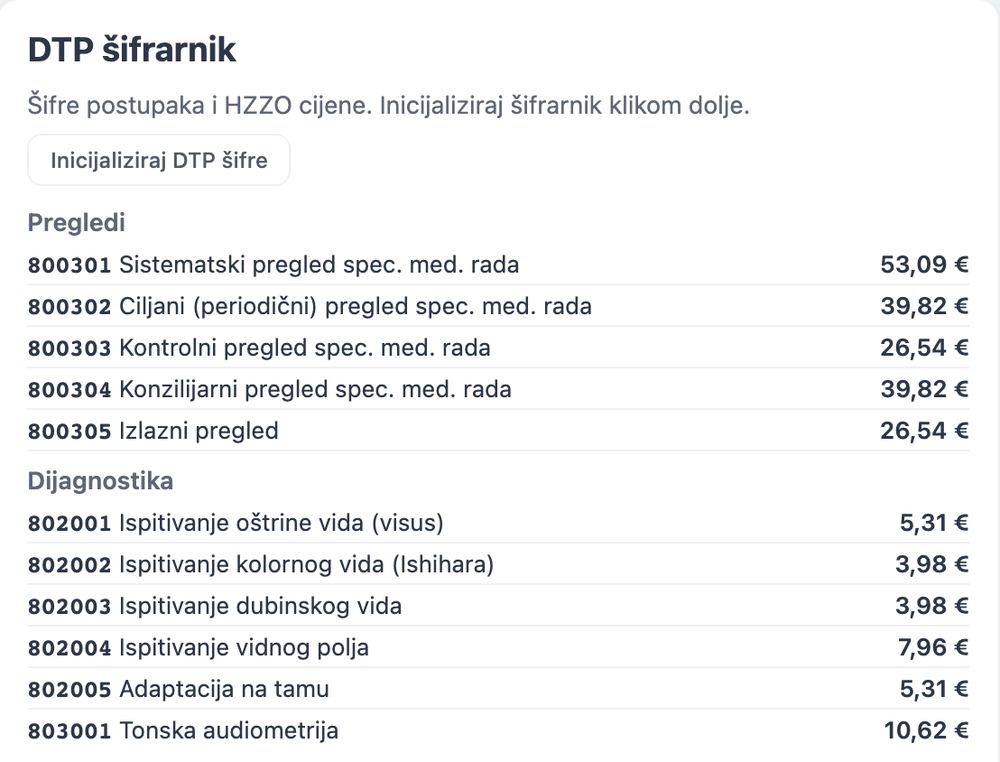 DTP šifrarnik s HZZO šiframa i cijenama pregleda i dijagnostike medicine rada