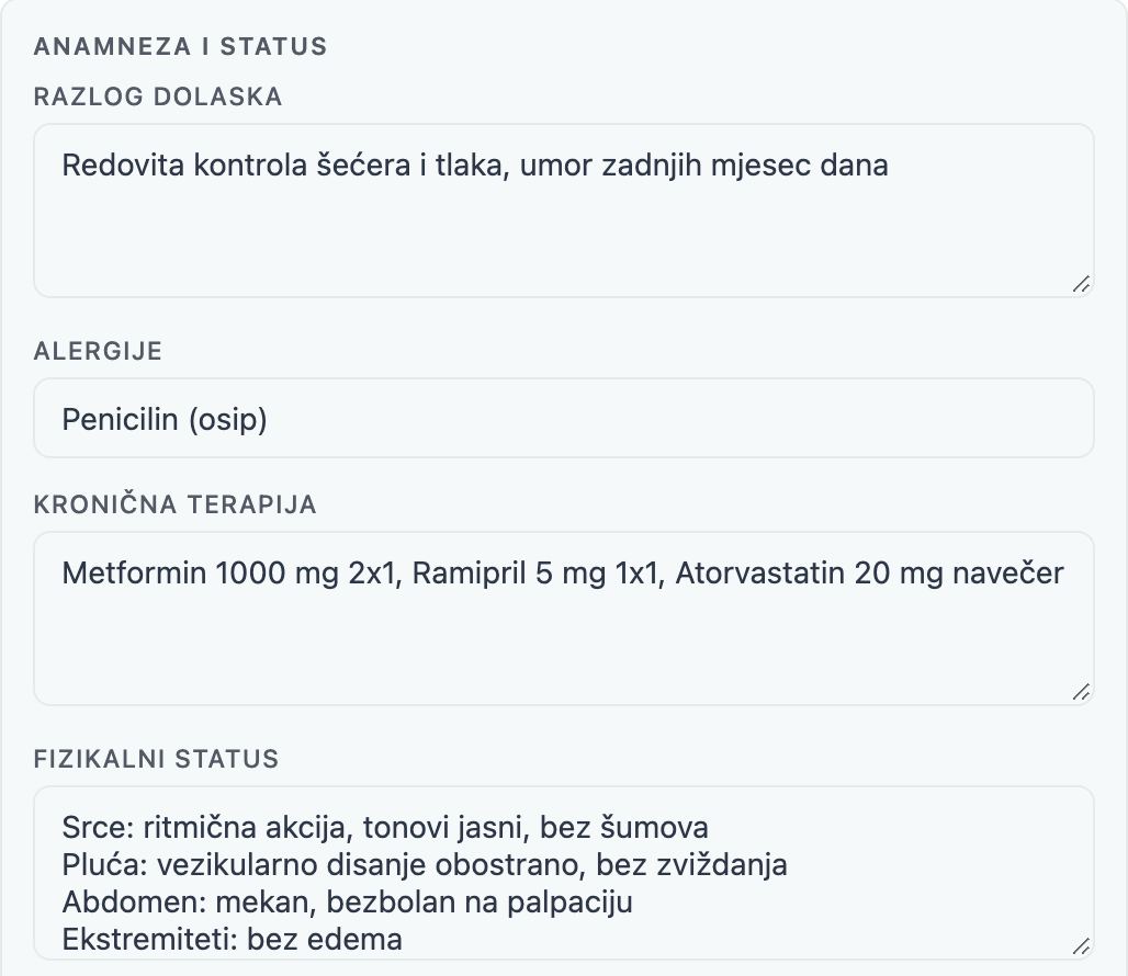 Anamneza i status na terminu opće prakse u programu KlinikaHub: razlog dolaska, alergije, kronična terapija i fizikalni status