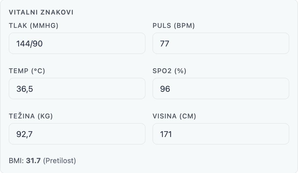 Vitalni znakovi na terminu opće prakse: tlak, puls, temperatura, SpO2, težina, visina i izračunati BMI