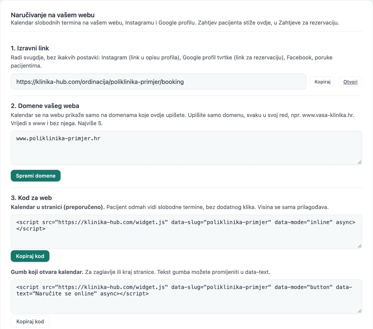 Postavke naručivanja na webu u aplikaciji Klinika.hub: izravni link, polje za domene, kod za kalendar u stranici i kod za gumb s gumbom Kopiraj kod