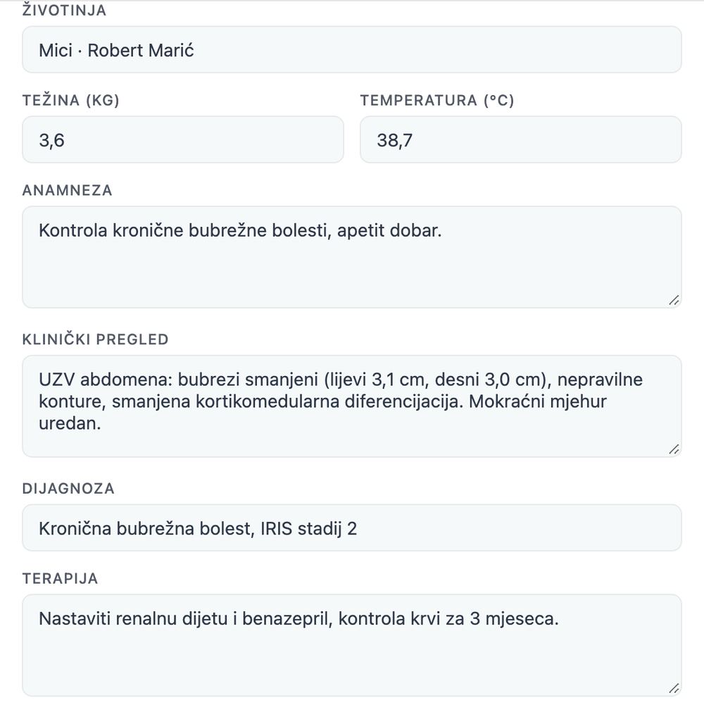 Pregled životinje na terminu s težinom, temperaturom, anamnezom, kliničkim pregledom, dijagnozom, terapijom i podsjetnikom